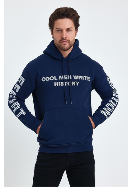 Erkek Yazı Baskılı Regular 3 Iplik Şardonlu Kapüşonlu Sweatshirt