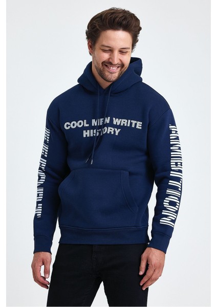 Erkek Yazı Baskılı Regular 3 Iplik Şardonlu Kapüşonlu Sweatshirt