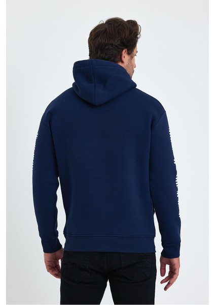 Erkek Yazı Baskılı Regular 3 Iplik Şardonlu Kapüşonlu Sweatshirt