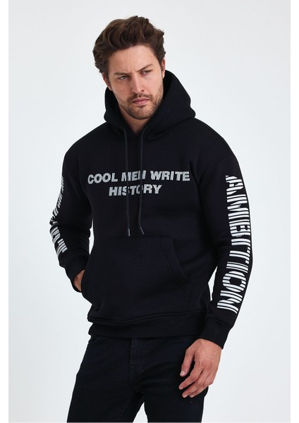 Erkek Yazı Baskılı Regular 3 Iplik Şardonlu Kapüşonlu Sweatshirt