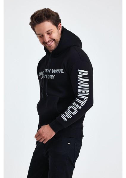 Erkek Yazı Baskılı Regular 3 Iplik Şardonlu Kapüşonlu Sweatshirt