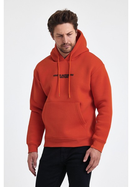 Erkek Ön ve Arka Baskılı 3 Iplik Şardonlu Kapüşonlu Sweatshirt