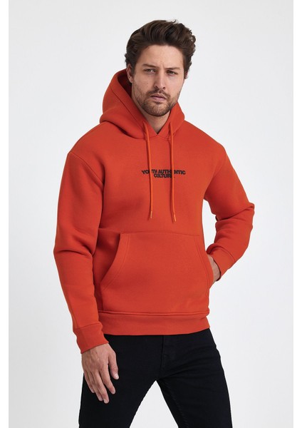 Erkek Ön ve Arka Baskılı 3 Iplik Şardonlu Kapüşonlu Sweatshirt