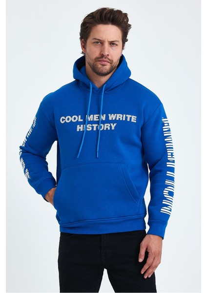Erkek Yazı Baskılı Regular 3 Iplik Şardonlu Kapüşonlu Sweatshirt