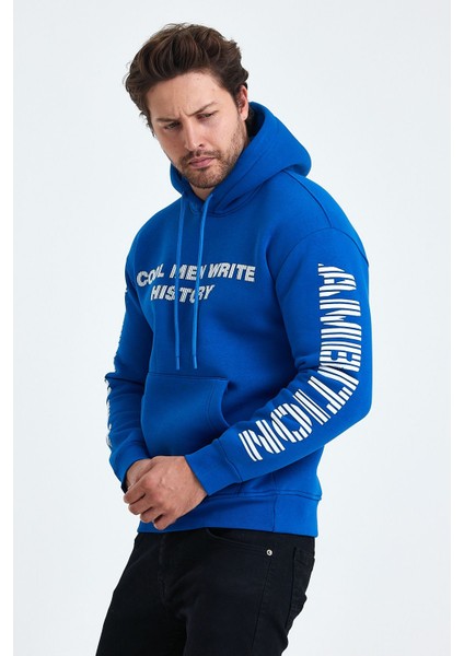 Erkek Yazı Baskılı Regular 3 Iplik Şardonlu Kapüşonlu Sweatshirt