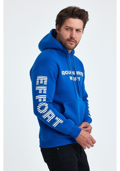 Erkek Yazı Baskılı Regular 3 Iplik Şardonlu Kapüşonlu Sweatshirt