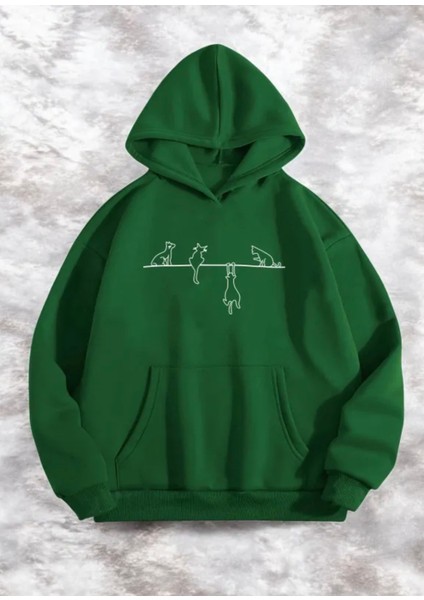 Özel Tasarım Kapüşonlu Akrobat Kediler Baskılı Şardonlu Oversize Kız Çocuk Sweatshırt