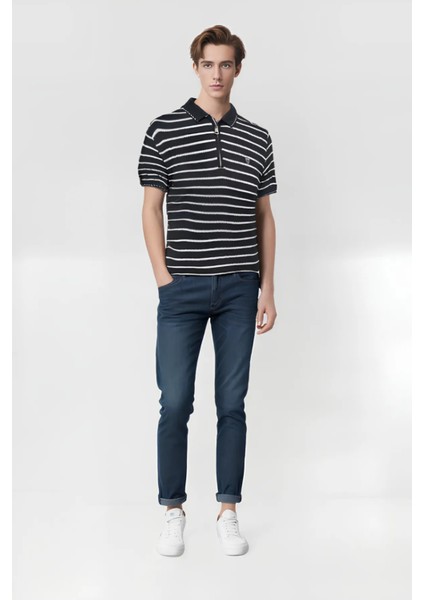 Çizgili Nakışlı Logolu Fermuarlı Slim Fit Polo Yaka Kısa Kollu Erkek T-Shirt
