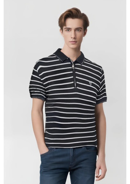 Çizgili Nakışlı Logolu Fermuarlı Slim Fit Polo Yaka Kısa Kollu Erkek T-Shirt fiyatları