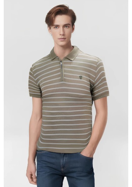 Çizgili Nakışlı Logolu Fermuarlı Slim Fit Polo Yaka Kısa Kollu Erkek T-Shirt