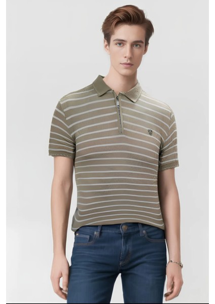 Çizgili Nakışlı Logolu Fermuarlı Slim Fit Polo Yaka Kısa Kollu Erkek T-Shirt modelleri