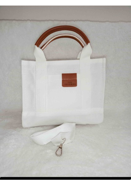 Beyaz Kanvas Kumaş Mini Totebag El ve Omuz Çantası