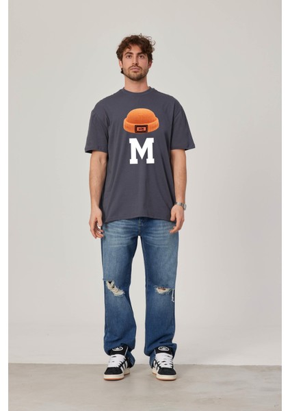 M Harf Baskılı Antrasit Tshirt