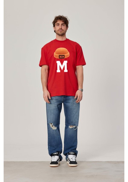 M Harf Baskılı Kırmızı Tshirt
