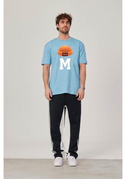 M Harf Baskılı Mavi Tshirt
