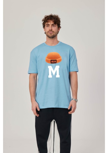 M Harf Baskılı Mavi Tshirt