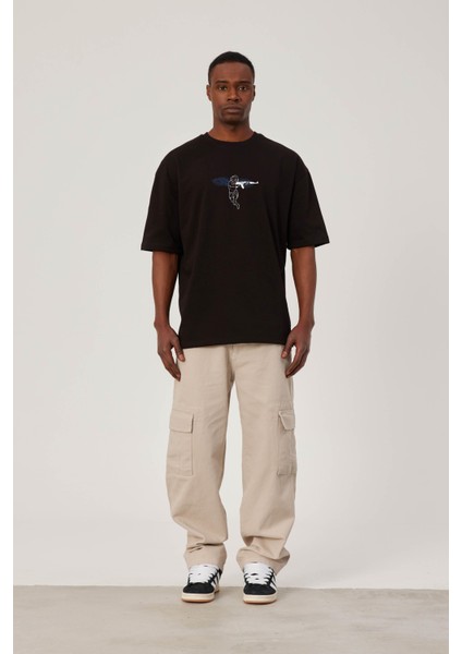 Melek Baskılı Siyah Tshirt