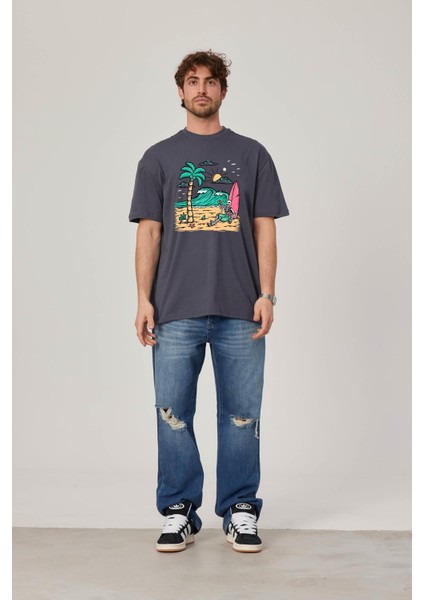 Sörfçü Iskelet Baskılı Antrasit Tshirt