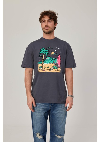 Sörfçü Iskelet Baskılı Antrasit Tshirt