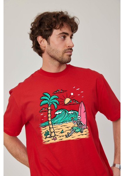 Sörfçü Iskelet Baskılı Kırmızı Tshirt fiyatları