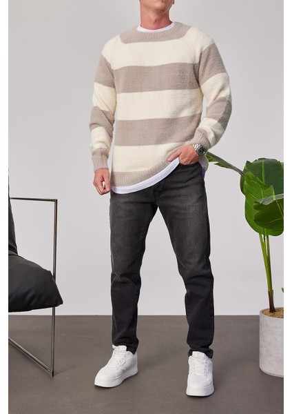 Gri Şeritli Yumuşak Dokulu Kazak