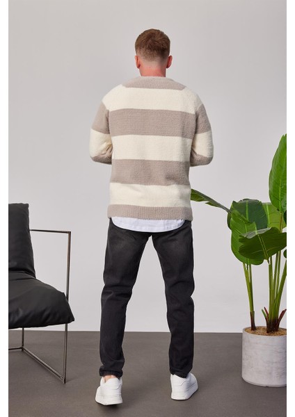 Gri Şeritli Yumuşak Dokulu Kazak modelleri