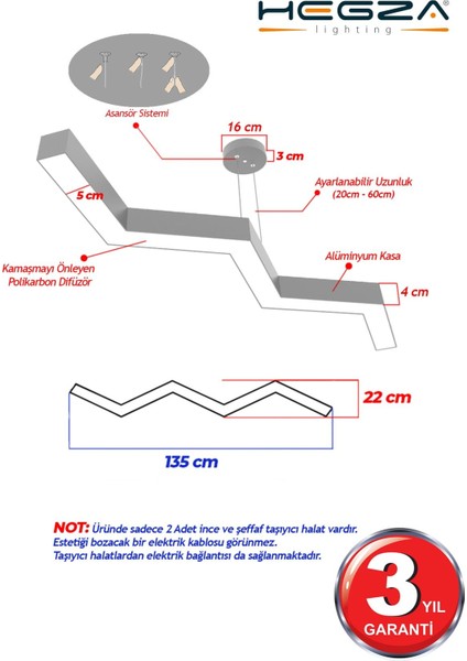 Tekno Trust Zigzag ( Gri Kasa, Gün Işığı ) Ledli Modern LED Avize, Salon, Mutfak, Oturma Yatak Odası, Sarkıt