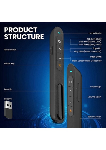 Siyah Kablosuz Lazer Sunucu Kumandası Rf 2.4 Ghz Sunum Clicker Uzaktan Kontrol Kalem 1 Yıl