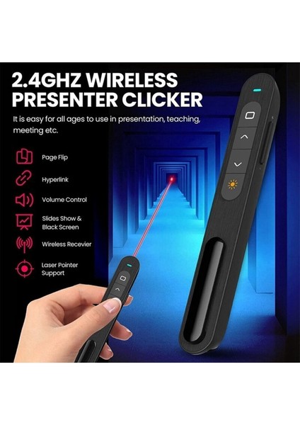 Siyah Kablosuz Lazer Sunucu Kumandası Rf 2.4 Ghz Sunum Clicker Uzaktan Kontrol Kalem 1 Yıl