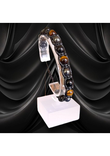 Kaplangözü Oniks ve Hematit Doğal Taş Makrome Deri Bileklik