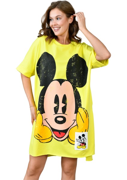 Zishan Fashion Mickey Baskılı Cotton Kumaş Elbise - Standart Beden Geniş Kesim 305