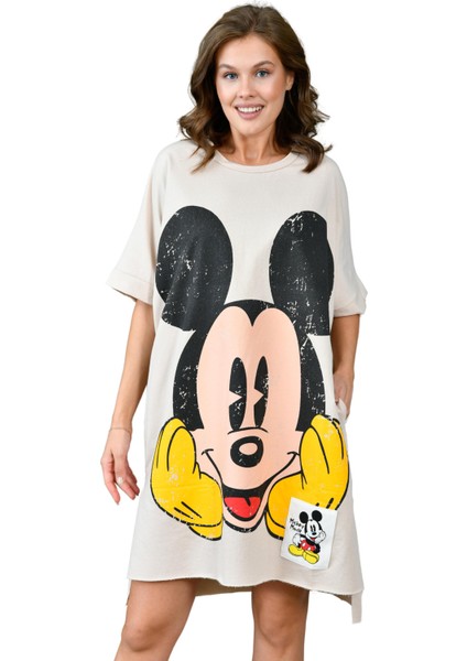 Mickey Baskılı Cotton Kumaş Elbise - Standart Beden Geniş Kesim 305