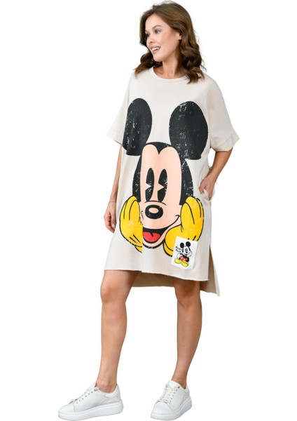 Mickey Baskılı Cotton Kumaş Elbise - Standart Beden Geniş Kesim 305