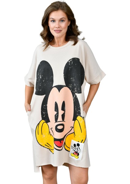 Mickey Baskılı Cotton Kumaş Elbise - Standart Beden Geniş Kesim 305