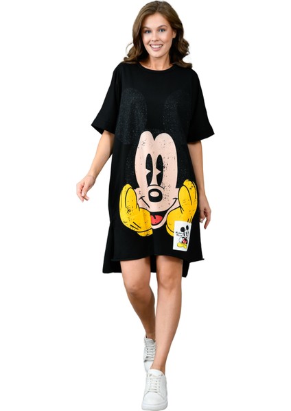 Zishan Fashion Mickey Baskılı Cotton Kumaş Elbise - Standart Beden Geniş Kesim 305