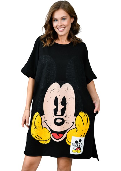 Zishan Fashion Mickey Baskılı Cotton Kumaş Elbise - Standart Beden Geniş Kesim 305