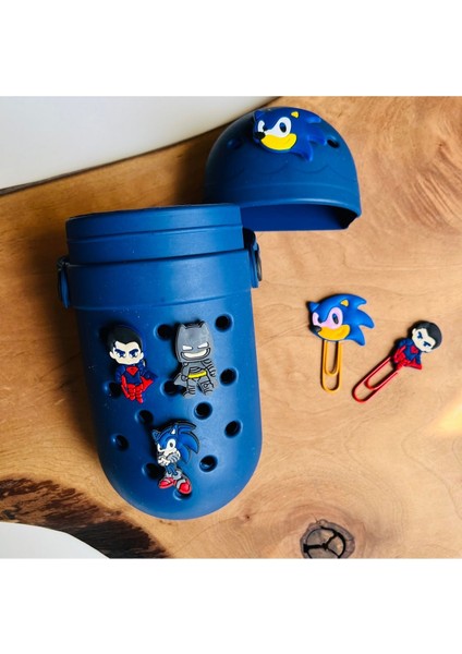 Lacivert Silikon Crocs Süslü Kalem Kutusu 6 Li Crocs ve Ataç Set  Superman,sonic,batman