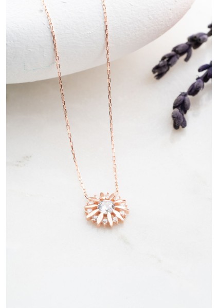 925 Ayar Gümüş Rose Kaplama Işıltılı Tektaş Güneş Kolye modelleri