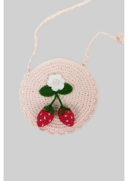 Pembe Kiraz Motifli Örgü Çanta