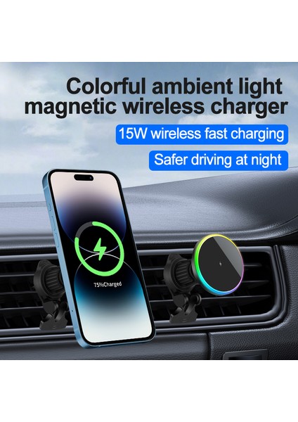 OJD-121 iPhone 15W Manyetik Kablosuz Şarj Cihazı Araç Hava Firar Telefon Ortam Işığı ile Şarj Standı (Yurt Dışından)
