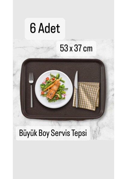 6 'lı Büyük Boy Siyah Plastik Tepsi 53 x 37 cm Yemekhane Tepsisi - Restoran Servis