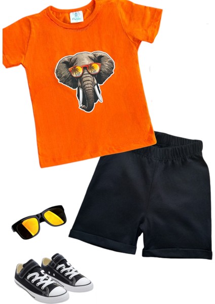 Savana Hayvan Havalı Fil Anaokulu Kreş Şort Tişört Takım Unisex Çocuk 2li Takım Pamuklu Penye