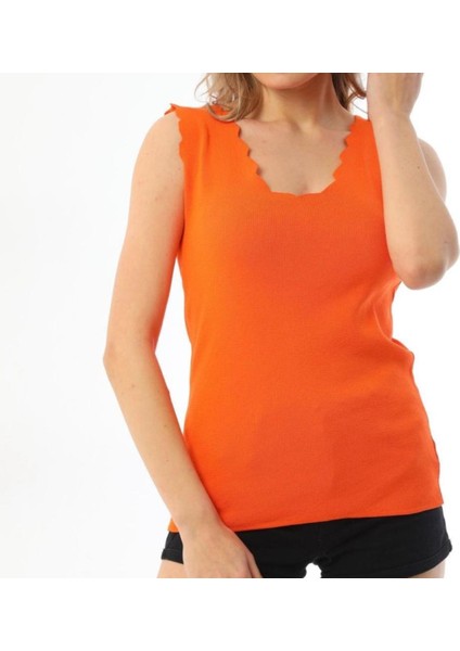 Kadın Turuncu Rahat Kalıp Yaka Detaylı Bluz