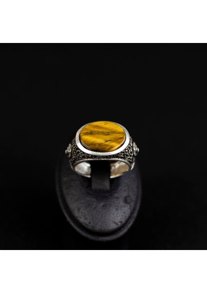 Yatay Kaplangözü Taşlı Çift Aslan Figürlü 925 Ayar Gümüş Erkek Yüzük