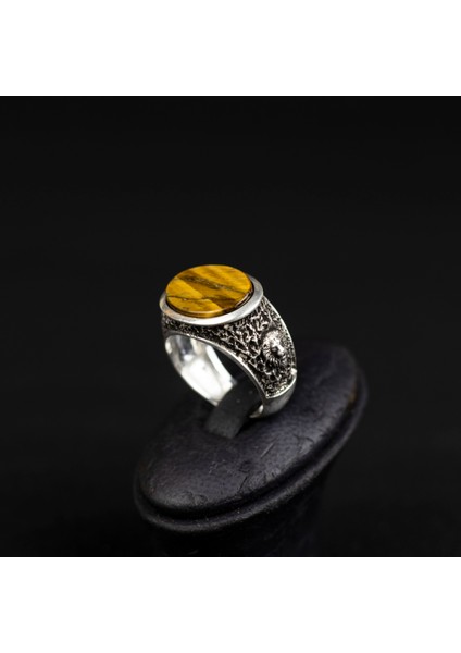 Yatay Kaplangözü Taşlı Çift Aslan Figürlü 925 Ayar Gümüş Erkek Yüzük fiyatları