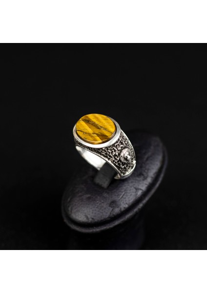 Yatay Kaplangözü Taşlı Çift Aslan Figürlü 925 Ayar Gümüş Erkek Yüzük modelleri