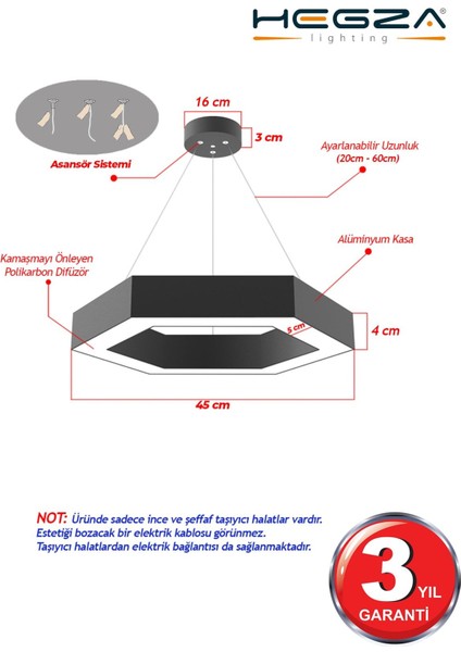 Tekno Trust Hexagon ( Siyah Kasa, Gün Işığı ) Ledli Modern LED Avize, Salon, Mutfak, Oturma Yatak Odası, Sarkıt