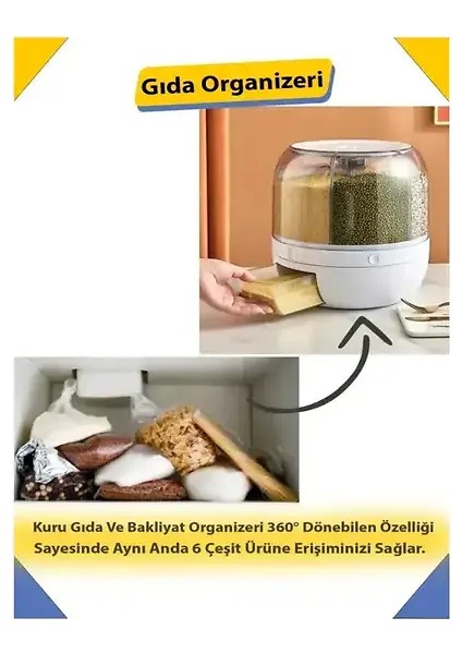 Kuru Gıda ve Bakliyat Organizeri 360° Dönebilen 6 Bölmeli Ayrıştırıcılı Hava Geçirmez Saklama Kabı modelleri
