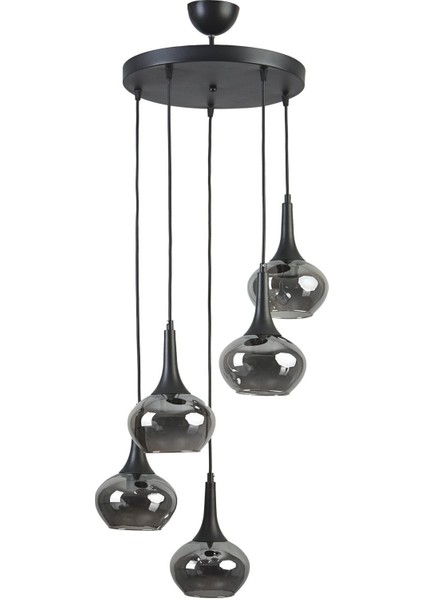 Şık Siyah Füme 5'li Cam Avize, Modern Tasarım, Salon ve Yatak Odası Aydınlatması