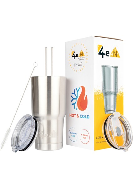 Outdoor Vakumlu Paslanmaz Çelik Termos Bardak 0.59 Lt-2 Farklı Kapak-2 Metal Pipet-1 Pipet Temizleme Fırçası